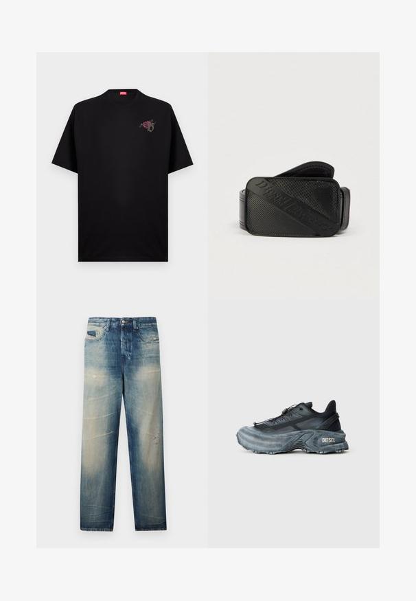 T-shirt Diesel noir à manches courtes avec petit motif floral et lettre D sur la poitrine gauche et étiquette Diesel rouge à l'intérieur du col.; Jean bleu délavé à jambe droite avec des détails usés et des poches avant, fermeture par bouton et fermeture éclair, présenté sur un fond uni.; Baskets Diesel noires et grises avec semelle épaisse, système de laçage à bascule et design texturé sur fond gris clair uni.; Ceinture noire présentant un design texturé avec un logo en relief bien visible. Le matériau semble lisse avec une finition en cuir.