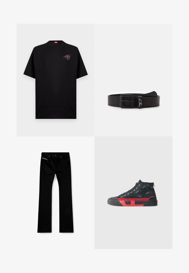 Sort kortærmet Diesel T-shirt med lille blomstermotiv og bogstavet D på venstre bryst samt rød Diesel-label indeni kraven.; Sorte straight-leg jeans med frontknap og lynlås, for- og baglommer samt en hvid etiket synlig i den højre forlomme.; Sort høj-top sneakers med røde accenter og en forslidt finish. Har et struktureret kanvasoverdel og en gummisål med udsnit.; Diesel DAVE - Bælter - t8013