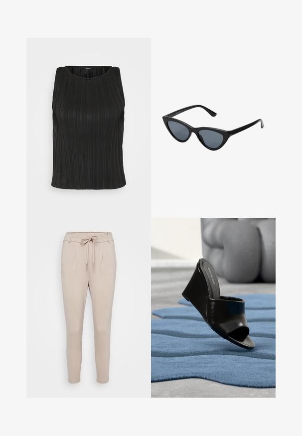 Top negro sin mangas con textura de canalé vertical, cuello redondo y forma ajustada. La tela parece suave con un ligero brillo.; Pantalones beige confeccionados en una tela suave, con cinturilla elástica ajustable, pliegues frontales y piernas estrechas. Textura lisa sin patrones visibles.; Zapato mule de cuña negra con punta abierta sobre una alfombra azul texturizada, sofá gris desenfocado al fondo.; Gafas de sol negras en forma de ojo de gato con lentes gris oscuro, marco de plástico elegante, esquinas puntiagudas y patillas rectas. Sin herrajes ni acentos visibles.