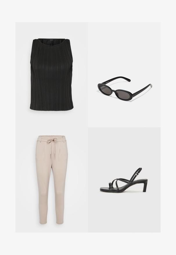 Top negro sin mangas con textura de canalé vertical, cuello redondo y forma ajustada. La tela parece suave con un ligero brillo.; Pantalones beige confeccionados en una tela suave, con cinturilla elástica ajustable, pliegues frontales y piernas estrechas. Textura lisa sin patrones visibles.; Sandalia negra de tiras con punta cuadrada y tacón bajo de bloque. Presenta múltiples tiras delgadas y una correa ajustable en el tobillo. Fabricada en cuero suave.; Even&Odd by Zalando Gafas de sol - black