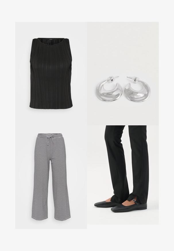 Top negro sin mangas con textura de canalé vertical, cuello redondo y forma ajustada. La tela parece suave con un ligero brillo.; Pantalones de pierna ancha hechos de una tela suave con rayas horizontales en blanco y negro, con cintura elástica y cordón para un ajuste ajustable.; Piernas con pantalones ajustados negros con aberturas frontales en el dobladillo, combinados con zapatos planos Mary Jane negros con una pequeña correa con hebilla.; Un par de pendientes de aro en forma de media luna pulidos en plata, con respaldos de plástico transparente, sobre una superficie blanca.