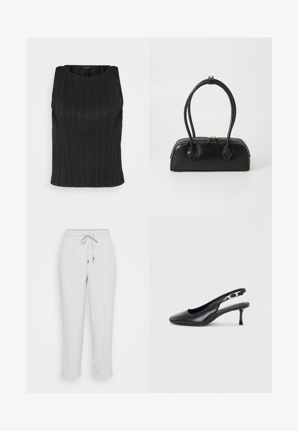 Top sans manches noir avec une texture à côtes verticales, un col rond et une coupe ajustée. Le tissu semble lisse avec un léger éclat.; Pantalons légers gris clair à taille élastique avec cordon de serrage ajustable, dotés de deux poches latérales et d'une coupe fuselée. Texture de tissu lisse.; Chaussure slingback noire en cuir à bout pointu avec un petit talon aiguille bas et une bride réglable à boucle sur un fond clair uni.; Sac à main en cuir noir avec deux anses allongées, fermeture éclair et forme arrondie ; texture lisse avec une finition légèrement brillante.