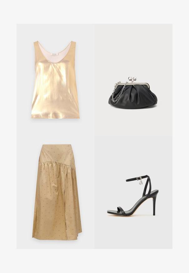 Haut sans manches en or métallisé avec un décolleté en forme de cœur profond. Texture lisse, design ajusté et doublure intérieure douce.; Jupe midi beige avec couture froncée sous les hanches, ornée de petits clous brillants, et une fente devant sur un fond uni.; Sandale à talon haut noire avec une bride étroite à la cheville, bout carré, cuir lisse et accent de boucle métallique.; Porte-monnaie en cuir noir avec texture froncée, cadre en métal argenté, fermeture à verrouillage kiss-lock et bandoulière en chaîne. Surface lisse et douce.