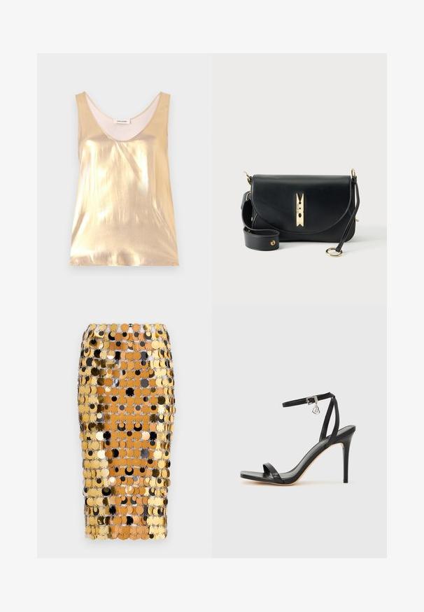Top sin mangas de color dorado metálico con un escote profundo. Textura suave, diseño ajustado y un forro interior suave.; Rabanne Falda de tubo - brown/black; Sandalia de tacón alto negra con una estrecha correa en el tobillo, punta cuadrada, material de cuero liso y detalle de hebilla metálica.; Bolso bandolera de cuero negro con cierre en forma de pinza de ropa dorada y correa ajustable con herrajes dorados sobre fondo blanco.
