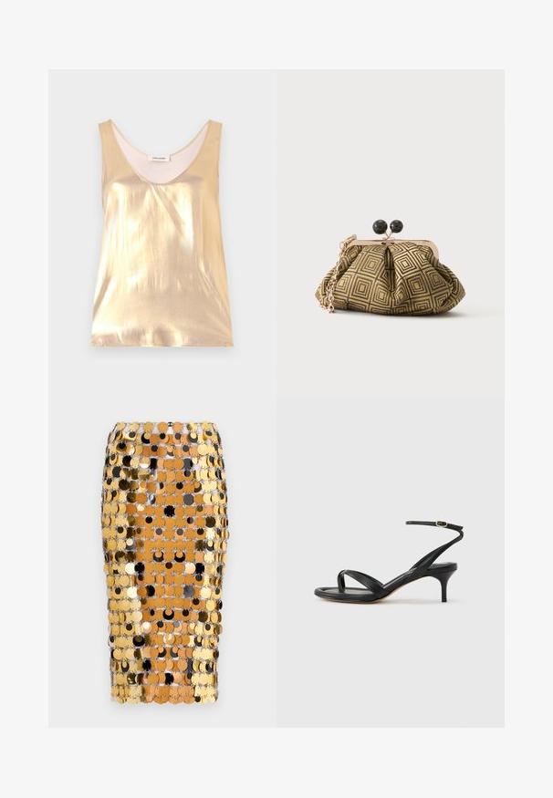 Metalen gouden mouwloze top met een diepe ronde halslijn. Gladde textuur, aansluitend ontwerp en een zachte binnenvoering.; Rabanne Kokerrok - brown/black; Zwarte leren dames sandaal met dunne bandjes, een teengreep, een enkelgesp en een stilettohak van gemiddelde hoogte op een neutrale achtergrond.; Kleine clutch tas met goud-zwart geometrisch patroon, goudkleurig metalen frame, zwarte bolsluiting en een korte gouden kettingband.
