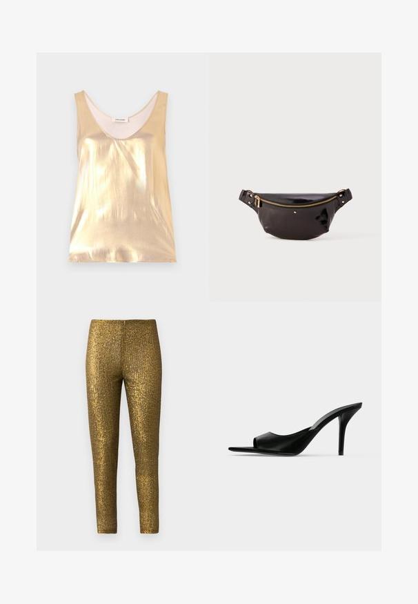 Metalen gouden mouwloze top met een diepe ronde halslijn. Gladde textuur, aansluitend ontwerp en een zachte binnenvoering.; Gouden metallic legging met een getextureerd, verticaal streep patroon. De stof heeft een glanzende afwerking en een slanke, aansluitende pasvorm.; Zwarte leren mule met open teen en hoge slanke naaldhak, zijaanzicht tegen een effen achtergrond.; Zwarte, glanzende leren heuptas met een gebogen ontwerp, gouden ritsaccent, verstelbare band en kleine decoratieve hardware.