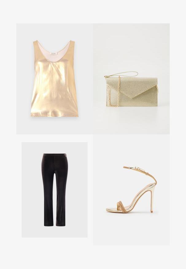 Haut sans manches en or métallisé avec un décolleté en forme de cœur profond. Texture lisse, design ajusté et doublure intérieure douce.; Pantalons en velours noir à coupe slim, présentant une texture lisse et un subtil éclat, sans matériel visible ni motifs.; Sandale à talons hauts dorée avec une finition métallique brillante, sangle nude texturée et fine sangle de cheville sécurisée par une boucle. Design à bout ouvert.; Pochette en maille dorée avec un rabat triangulaire, une bandoulière en chaîne et une finition lisse. Forme rectangulaire compacte avec un léger éclat.