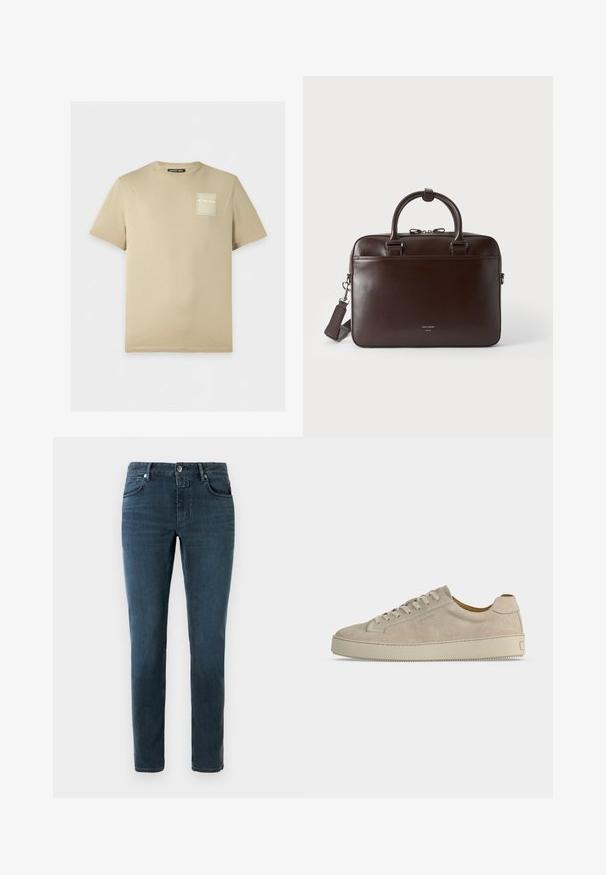 T-shirt beige manches courtes Michael Kors avec col rond et petit logo carré blanc en contour sur la poitrine gauche.; Jeans bleu foncé à coupe slim, design à cinq poches et fermeture à bouton. Fabriqués en denim avec une texture lisse et un léger délavage.; Baskets basses beiges en daim avec fermeture lacée et semelle épaisse en caoutchouc, vues de profil sur fond blanc uni.; Serviette en cuir brun foncé avec deux poignées, une bandoulière détachable et un petit logo à l'avant sur un fond uni.