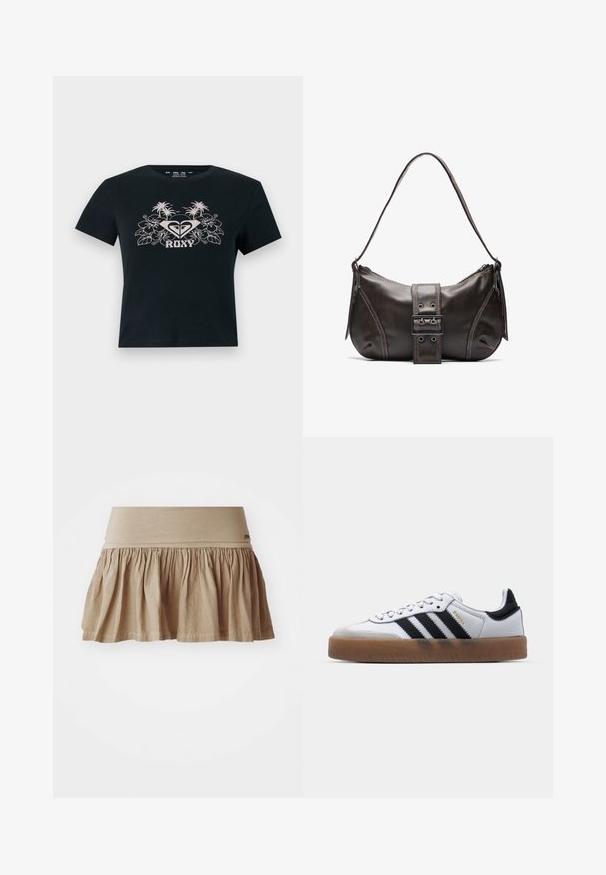 Sort kort T-shirt med hvidt tropisk blomster- og palmetrædesign samt teksten "ROXY" centreret på brystet.; Beige bomuldsnederdel med en rynket kant, der har et bredt elastisk taljebånd. Let materiale med en blød tekstur og afslappet design.; Hvide lædersneakers med sorte striber, gummirubber sål, rund tå, snørelukning og blød grå ruskinds tåhætte.; Brun læder skuldertaske med en buet form, der har et fremtrædende spænde, kontrasterende syninger og en enkelt skulderrem.