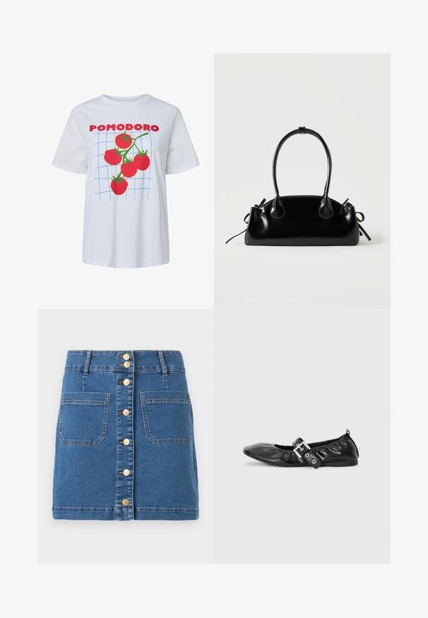 T-shirt blanc avec l’inscription « POMODORO » en rouge, une grille bleue et une grappe de cinq tomates rouges à tiges vertes imprimées sur le devant.; Mini-jupe en denim bleu avec fermeture à boutons sur le devant et deux grandes poches plaquées, dotée de passants de ceinture et de coutures contrastantes.; Chaussure plate en cuir noir avec un nez pointu, des détails froncés autour de l'ouverture et un accent en boucle argentée sur la bride ajustable.; Petit sac à main noir brillant avec deux longues anses et des détails à cordon sur les côtés sur un fond clair uni.