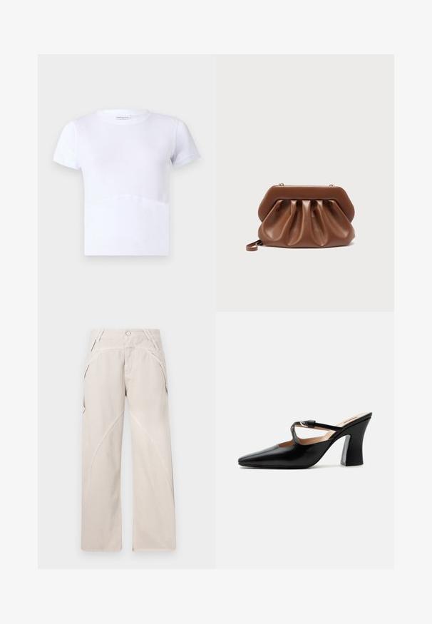 T-shirt blanc à manches courtes en coton, col rond, texture lisse, avec un subtil détail de couture incurvée sur le devant.; Pantalons larges beiges en tissu mélangé coton, avec des détails de coutures courbées, une fermeture à bouton et des poches latérales. Conception à plat à l'avant.; Mule en cuir noir à bout pointu avec talon évasé de hauteur moyenne et fine bride avec boucle argentée sur le dessus du pied.; Pochette en cuir marron au design plissé et structure rigide en haut, équipée d'une petite anse pour poignet et de détails de fermoir dorés.
