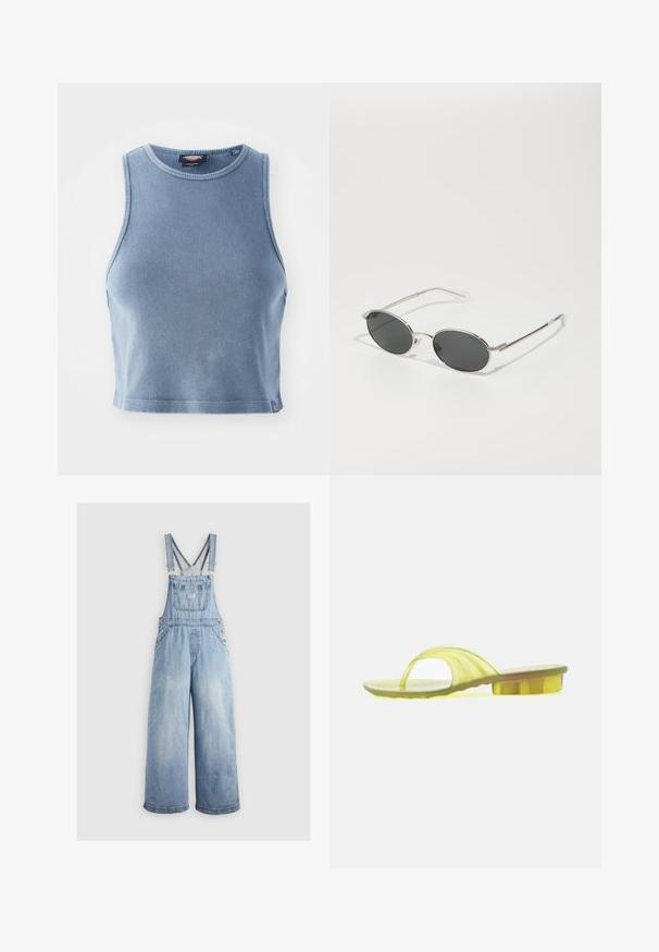 Vaaleansininen ribatetyt crop-top, jossa on pyöreä kaula-aukko ja hihattomuus. Pehmeä pinta ja pieni logo-tyyppitys helmaosassa.; Vaaleansiniset farkkuhaalarit, joissa on leveät lahkeet, säädettävät olkaimet, etutasku ja metallinapit sivuilla. Klassinen tyyli, jossa on rento istuvuus.; Keltainen läpikuultava liukusandaali, jossa pieni laatikko korko ja leveä remmi jalan päällä, esitetty sivuprofiilissa valkoisella taustalla.; Silmukat aurinkolasit tummilla linsseillä, hopeisella metallikehyksellä, kapeilla temppeleillä ja kirkkailla korvatuilla. Huomionarvoiset muotoiluelementit saranassa.