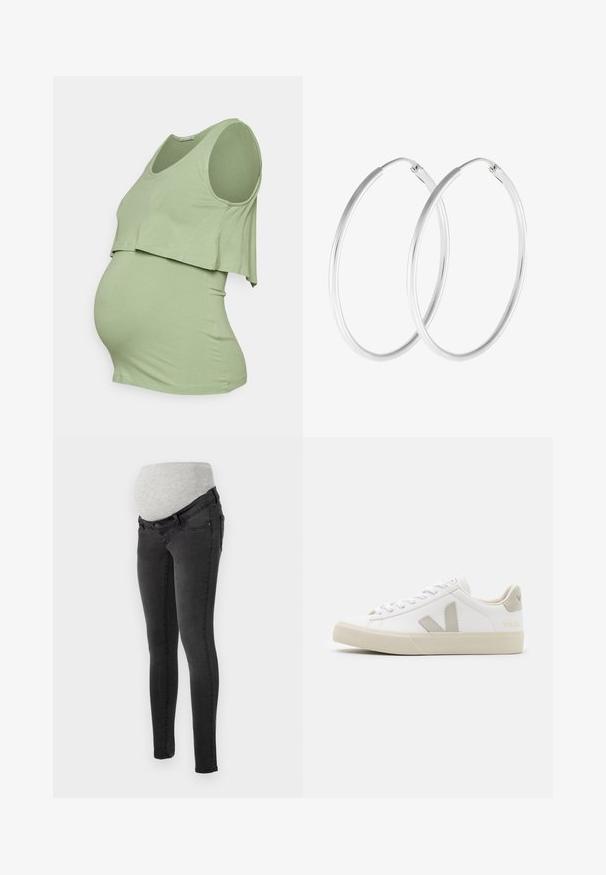 Anna Field MAMA by Zalando Top - green; Mødrejeans i mørkegrå denim med en blød, grå elastisk livlinje for komfort. Slim fit design med standardlommer.; Hvide sneakers lavet af læder med grå V-logo detaljer, struktureret gummisål, hvide snørebånd samt polstret tunge og krave.; Sølvfarvede hoop øreringe med en glat, rund form og en poleret overflade. Begge øreringe er i samme størrelse og har en sikker lukke mekanisme.