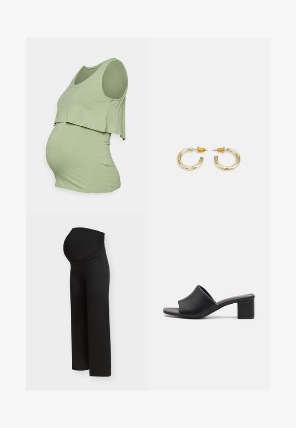 Anna Field MAMA by Zalando Débardeur - green; Pantalon de maternité noir avec une taille haute et extensible conçue pour soutenir un ventre de femme enceinte, présenté sur un fond clair uni.; Mules à talons carrés en cuir noir avec un bout ouvert, présentant une surface lisse et un upper légèrement courbé pour le confort et le style.; Boucles d'oreilles en métal doré en forme d'anneau, avec une finition lisse et arrondie. Elles possèdent des accents orange à l'arrière pour un maintien sécurisé.