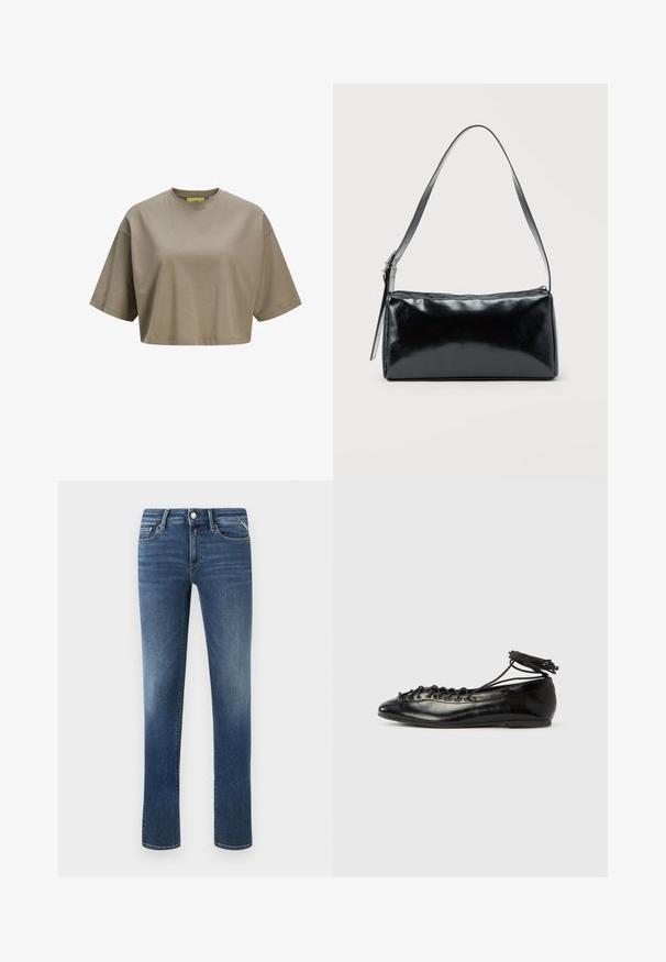 Pruun lühikese varrukaga crop-t-särk, mis on valmistatud pehmest puuvillast, ümara kaelusega. Sile tekstuur koos õrnade õmblusdetailidega.; Tumed sinine denim teksad sirge säärega, keskmise tõusuga vöökohaga, esipocketite ning klassikalise õmblusega. Omab metallist nupuvajutust ja lukku.; Mustad lakknahast baleriinakingad ümarate varvastega, paelaga kinnitatavad ja madala tallaga. Sile tekstuur, vähese kujundusega.; Must ristkülikukujuline õlakott ühe reguleeritava rihmaga ja ülemise tõmblukuga, ühtlase taustaga.
