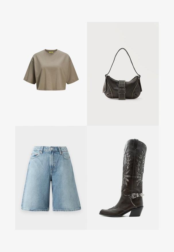 Pruun lühikese varrukaga crop-t-särk, mis on valmistatud pehmest puuvillast, ümara kaelusega. Sile tekstuur koos õrnade õmblusdetailidega.; Heledad sinine denim lühikesed püksid, vabalt langev, keskmise kõrgusega talje, viis taskut ja kontrastsed õmblused. Kanga tekstuur on pehme.; Mustast nahast kameelisaap kaunistavate lõigetega, hõbedase pandla ja kaldu kannaosaga, valgel taustal.; Mustast nahast õlakott pandlanööriga detailiga, kõverate servade ja kontrastse valge õmblusega tavalise tausta peal.