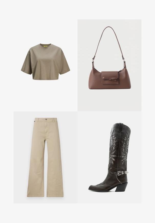 Pruun lühikese varrukaga crop-t-särk, mis on valmistatud pehmest puuvillast, ümara kaelusega. Sile tekstuur koos õrnade õmblusdetailidega.; Beige laiad püksid, mis on valmistatud puuvillast. Omavad nupulahedust, vööloopse ja küljetaskuid. Sile, tugev tekstuur klassikalise disainiga.; Mustast nahast kameelisaap kaunistavate lõigetega, hõbedase pandla ja kaldu kannaosaga, valgel taustal.; Pruun nahast õlakott ees taskuga, millel on õmmeldud lipsu detail ja reguleeritav rihm.