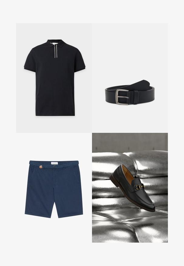 Black short-sleeve polo shirt with collar and button placket featuring two vertical white stripes.; Navy blue shorts made of cotton, featuring a braided belt with a brown leather accent, side pockets, and a straight cut.; Black leather loafer with gold buckle detail floating above a shiny, metallic silver tufted surface.; Black leather belt with a silver metal buckle, featuring a smooth finish and a classic design. The belt is rolled with the end pointed.