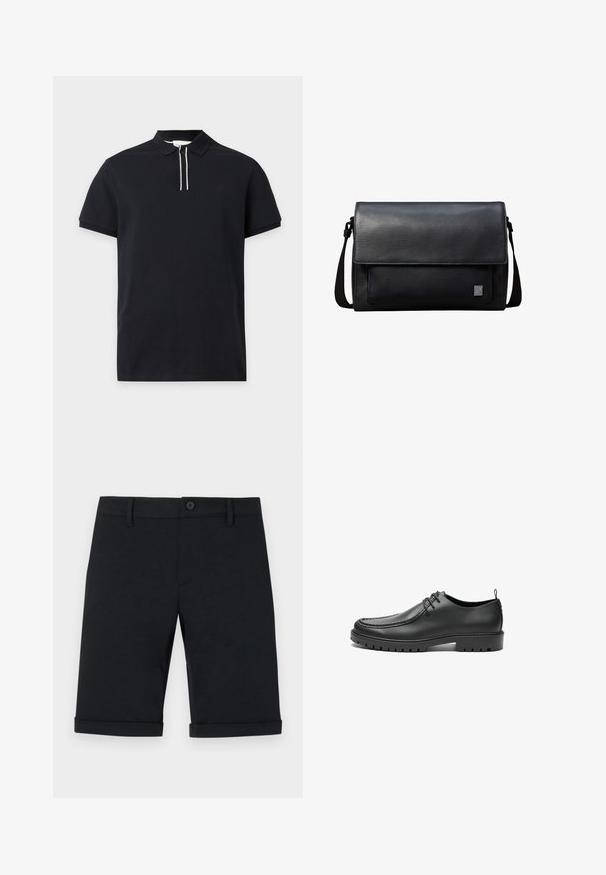 Schwarzes kurzärmeliges Polohemd mit Kragen und Knopfleiste mit zwei vertikalen weißen Streifen.; Schwarze Baumwoll-Shorts mit Knopfverschluss, maßgeschneidertem Design und umgeschlagenem Saum. Verfügt über Fronttaschen und eine glatte Oberfläche.; Schwarze Lederschuhe mit glatter Oberfläche, runder Zehenform und dekorativer Naht. Mit einer Gummisohle mit Traktionsrillen und Schnürdesign.; Schwarze Leder-Umhängetasche mit Frontklappe, verstellbarem Schultergurt und kleinem quadratischem Metalllogo in der unteren rechten Ecke.