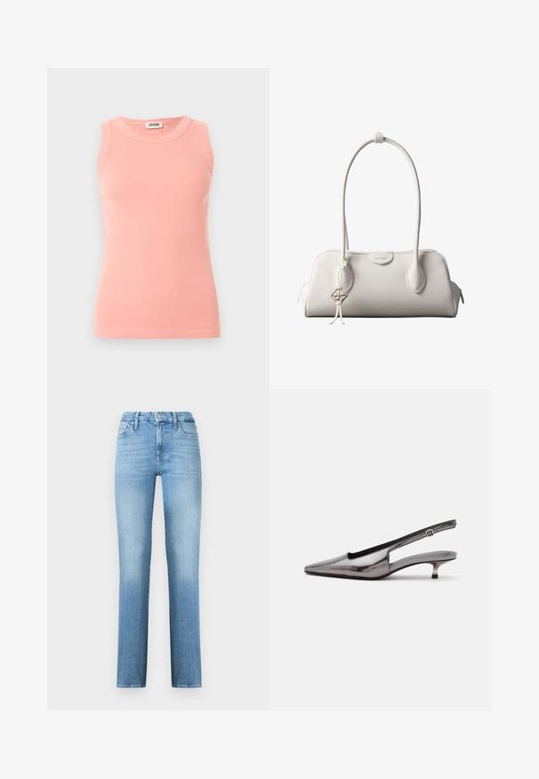 Débardeur rose côtelé sans manches avec col rond et étiquette Drykorn à l'arrière du col, présenté sur un fond clair uni.; Jean droit bleu clair en denim, avec un design classique à cinq poches et une taille cousue avec fermeture à bouton sur le devant.; Chaussure slingback gris métallique à bout pointu, petit talon kitten et bride réglable sur fond blanc.; Sac à bandoulière blanc Calvin Klein avec longues poignées, forme rectangulaire, fermeture éclair et charm logo décoratif suspendu près de la poignée.