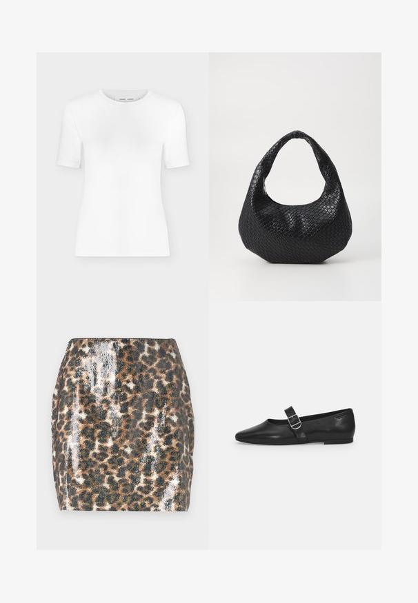 Hvid T-shirt med rund hals, korte ærmer, slank pasform og ribbet stofstruktur, vist på en ensfarvet lys grå baggrund.; Mini skirt med leopardprint der har en paillet-vævet tekstur, fitted design, brune og sorte farver samt en lige kant.; Sorte læder flade sko med rund tå, et enkelt justerbart spænde og en glat, blank overflade. Minimalistisk design med en lav hæl.; Sort flettet håndtaske med et buet håndtag, der har en struktureret overflade og en afslappet form. Glat finish med en organisk silhuet.