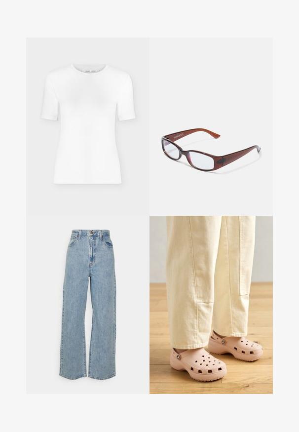 Hvid T-shirt med rund hals, korte ærmer, slank pasform og ribbet stofstruktur, vist på en ensfarvet lys grå baggrund.; Lyseblå vidde denimjeans med høj talje, frontknap, lynlås og femlomme-design på ensfarvet baggrund.; Lyserøde trædestøvler lavet af gummi, med ventilationshullerne, en kontureret form og en struktureret sål for greb. Bæres med lyse beige bukser.; Brune-farvede rektangulære briller med en glat overflade, der har slanke arme og gennemsigtige linser. Logoet er synligt på venstre temple.