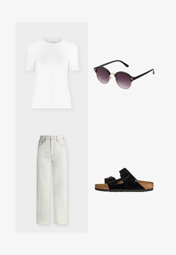 Weißes T-Shirt mit kurzen Ärmeln und Rundhalsausschnitt, schlanker Passform und gerippter Stoffstruktur, dargestellt vor einem schlichten hellgrauen Hintergrund.; Hoch sitzende Jeans mit geradem Bein in Hellblau, mit vorderem Knopf, Reißverschluss und Fünf-Taschen-Stil.; Schwarze Lackledersandalen mit zwei verstellbaren Riemen, Korkfußbett und Gummisohle, die eine glatte Struktur und ein minimalistisches Design aufweisen.; Runde Sonnenbrillen mit schwarzen Kunststoffrahmen und dunkel lila Verlaufslinsen. Goldene Metallakzente am Rahmen. Dünne schwarze Bügel.
