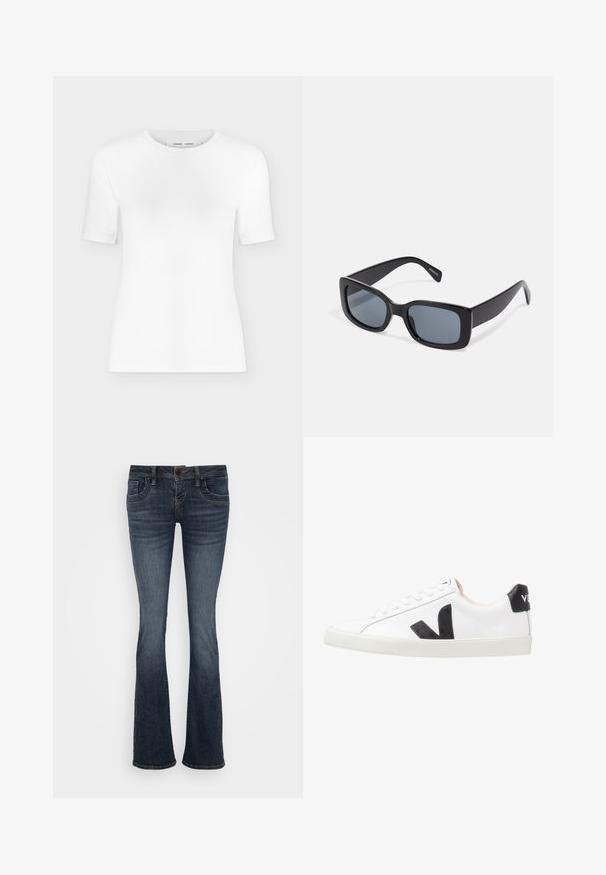 Weißes T-Shirt mit kurzen Ärmeln und Rundhalsausschnitt, schlanker Passform und gerippter Stoffstruktur, dargestellt vor einem schlichten hellgrauen Hintergrund.; Dunkelblaue ausgestellte Jeans mit mittelhohem Bund, fünf Taschen und subtilen Stichakzenten. Hergestellt aus Denim mit glatter Textur.; Weißer Sneaker mit einem schwarzen V-Logo, ausgestattet mit einem glatten Lederoberteil, runder Zehenpartie, Schnürverschluss und kontrastierendem schwarzen Fersenbereich.; Schwarze rechteckige Sonnenbrille mit dunkel getönten Gläsern, dickem Kunstrahmen und breiten Bügeln. Glatte Oberfläche und kantiges Design.