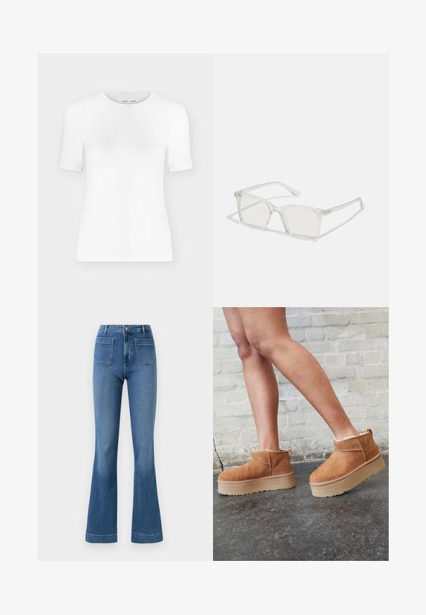 Wit T-shirt met korte mouwen en een ronde hals, een slanke pasvorm en geribbelde stof, weergegeven op een effen lichtgrijze achtergrond.; Gelaste blauwe spijkerbroeken van denim met een middellange taille, voorzien van twee achterzakken en een schone zoom. Soepele textuur en klassiek ontwerp.; Bruine suède enkelboots met een zachte voering, dikke beige plateauzool en een achterste lus. Getextureerde oppervlakte met zichtbare stiksels.; Heldere plastic vierkante monturen met doorzichtige glazen, gekenmerkt door gouden accenten op de slapen voor extra detail.