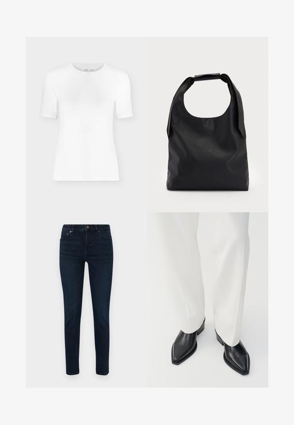 Wit T-shirt met korte mouwen en een ronde hals, een slanke pasvorm en geribbelde stof, weergegeven op een effen lichtgrijze achtergrond.; Donkerblauwe denim jeans met een smalle pasvorm, voorzien van een vijf-pocketontwerp, een knoopsluiting en subtiele stikseldetails. Gladde textuur overal.; Zwarte puntige enkellaarzen met een gladde leren afwerking, lage blokhakken, gecombineerd met witte wijde broekspijpen. Eenvoudig en modern design.; Zwarte lederen handtas met een grote open bovenkant en een enkele schouderriem. Zachte textuur, minimalistisch ontwerp, met subtiele metalen accenten.