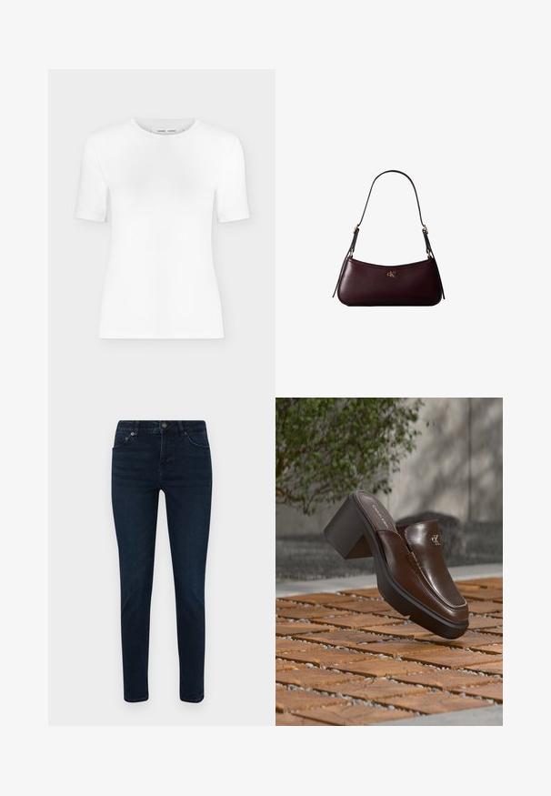 Hvid T-shirt med rund hals, korte ærmer, slank pasform og ribbet stofstruktur, vist på en ensfarvet lys grå baggrund.; Mørk vaskede denimjeans med slim fit, der har fem-lomme design, knaplukning og subtile syningsdetaljer. Glat tekstur hele vejen igennem.; Brun læder Calvin Klein hæl mule svævende over trægulv med en sløret grøn plante og væg baggrund.; Mørk bordeaux læderhåndtaske med en tynd sort skulderrem og lille gyldent "cK" logo foran i midten.
