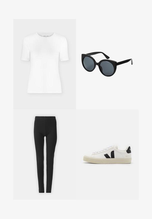 Hvid T-shirt med rund hals, korte ærmer, slank pasform og ribbet stofstruktur, vist på en ensfarvet lys grå baggrund.; Sorte, strækbare leggings med en tætsiddende pasform, der har høj talje og en glat tekstur. Ingen synlige mønstre eller hardwaredetaljer.; Hvide lædersneakers med sort gummiv V-logo. Tekstureret off-white sål, hvide snørebånd og bagside med brandnavn i sort.; Storede sorte oversized solbriller med katteøjeform, mørkt tonede linser og glansfuldt plastisk stel. Har tykke stænger for støtte.