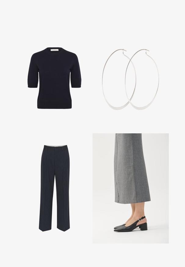 Pull tricoté bleu marine à manches courtes avec col rond, poignets et ourlet côtelés, présenté sur un fond blanc.; Pantalons bleu marine avec des rayures verticales blanches, design à jambes larges, tissu lisse, passants de ceinture et pli sur le devant pour un look ajusté.; Chaussures slingback en cuir noir avec bout pointu, talon bloc et accent de talon rose contrastant. Texture lisse avec un design minimaliste.; Boucles d'oreilles en argent avec un design fin et lisse ; forme ovale allongée ; finition polie ; présente un fermoir à crochet sécurisé.