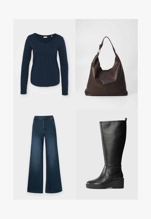 Langärmliges navy T-Shirt mit V-ausschnitt, aus weichem Stoff mit leicht strukturiertem Muster und abgerundetem Saum.; Dunkelblaue High-Waist-Jeans mit weitem Bein, Taschen vorne und Gürtelschlaufen auf weißem Hintergrund.; Schwarze Lederstiefel bis zum Knie mit Keilsohle, glatter Textur, nahtlosem Design und einem kleinen Ziehband oben für einfaches Anziehen.; Zign by Zalando LEATHER - Shopping Bag - chocolate brown