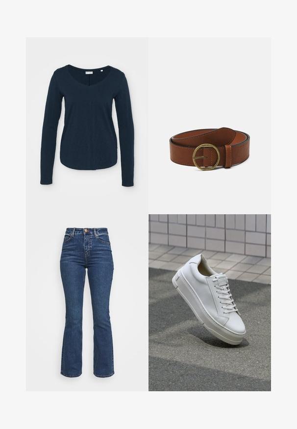 Langärmliges navy T-Shirt mit V-ausschnitt, aus weichem Stoff mit leicht strukturiertem Muster und abgerundetem Saum.; Hoch geschnittene blaue Jeans aus Denim. Ausgestelltes Bein Design mit Knopfverschluss und Taschen. Verfügt über eine klassische Waschung und Steppstich-Details.; Weiße Leder-Sneaker mit einem Low-Top-Design, flachen Schnürsenkeln, runder Zehenform und strukturierten Seiten. Dicke Gummisohle mit dezenten Akzenten.; Brauner Leder-Gürtel mit einer runden Messingschnalle, der eine glatte Textur und kontrastierende Nähte entlang der Kanten aufweist.