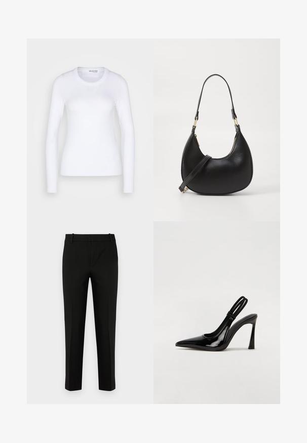Selected SLFDIANNA O NECK - Pikkade varrukatega topp - bright white; Mustad püksid kitsas lõikes, millel on lame eesmine osa, küljetaskud ja sile tekstuur. Kujundatud keskmise kõrguse vöökohaga ja kitsenevate jalgadega.; Mustmust must have sinine nahk välijalatsid terava toe, saledad kõrged kontsad ja kaks elastset rihma turvaliseks sobitamiseks. Sile, läikiv pind.; Musthave musta nahast käekott, millel on graveeringu kuju, ülemine tõmblukuga sulgemine, lühike käepide ja eemaldatav ristiõlgade rihm. Kuldse riistvara aktsendid.