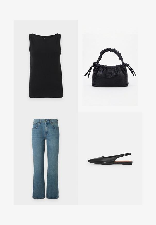 Sort ærmeløs top lavet af blødt stof. Har en bred halsudskæring og lige kant. Enkel design uden yderligere mønstre eller udsmykninger.; Lysblå flagrende jeans lavet af denim, med fem lommer, en frontknaplukning og subtil fading for tekstur.; Sorte læder slingback sko med spidse tæer, subtil glans og justerbar ankelrem. Flad hæl med en brun indersål.; Sort taske med krokodilletekstur, rynket øverste kant, samlet hank og snore med kvaster på hver side mod en hvid baggrund.