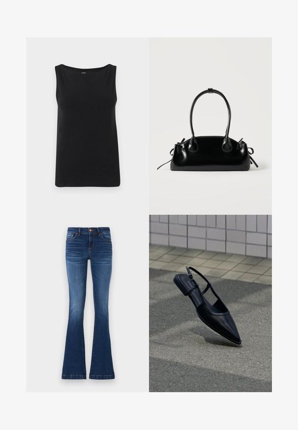 Sort ærmeløs top lavet af blødt stof. Har en bred halsudskæring og lige kant. Enkel design uden yderligere mønstre eller udsmykninger.; Udvidede blå jeans lavet af denim, med en mellemhøj talje, fem lommer og kontrasterende syninger langs sømmene.; Sort slingback-flad sko med spids tå, svævende over en asfaltflade ved siden af en flisebelagt fortov.; Lille sort blank håndtaske med to lange håndtag og snøre-detaljer i siden på en ensfarvet lys baggrund.