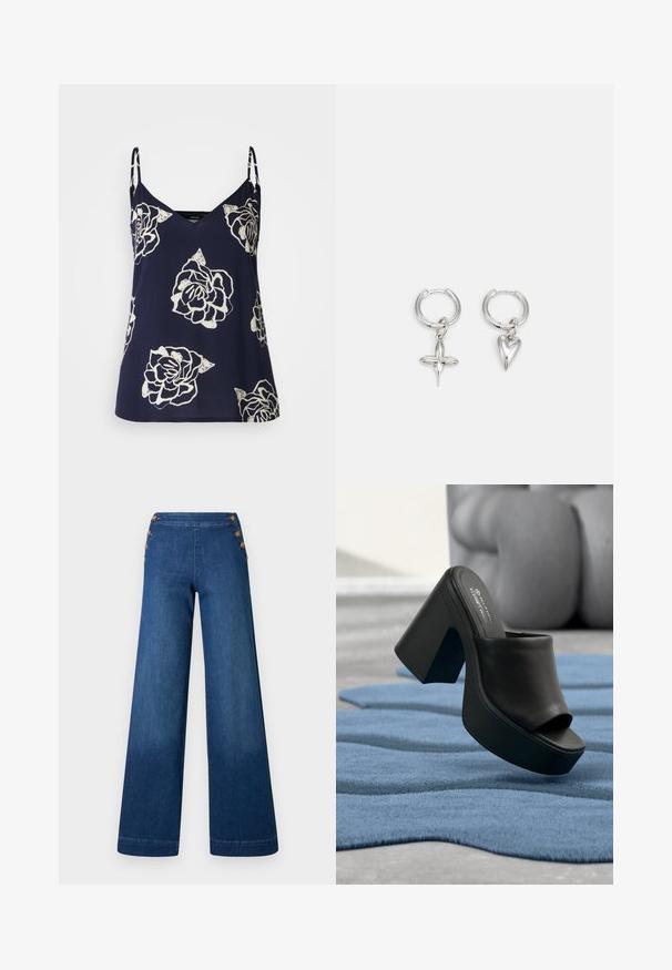 Haut sans manches marine avec imprimé floral blanc, présentant un décolleté en V et des bretelles délicates. Tissu léger avec une silhouette fluide.; Pantalon en denim bleu foncé à jambes larges. Il présente un devant plat avec cinq boutons dorés pour la fermeture. Texture lisse avec une finition classique.; Chaussure mule à plateforme noire à talon haut et bout ouvert reposant sur un tapis texturé bleu avec un mobilier gris flou en arrière-plan.; Boucles d'oreilles en argent en forme de cerceau avec un charme croix et cœur. Texture lisse et brillante avec une finition polie. Chaque charmepend d'une boucle sécurisée.