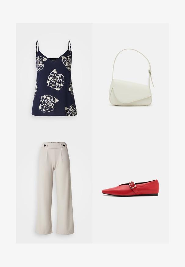 Top sin mangas de color marino con estampado floral blanco, con escote en V y tirantes delicados. Tejido ligero con una silueta fluida.; Pantalones de pierna ancha plisados en tejido de color beige claro con una textura suave, que cuentan con una cintura fruncida y dos botones negros en la cinturilla.; Zapato plano de cuero rojo con punta afilada, que presenta una correa lateral con una hebilla de metal y un tacón bajo negro. Textura suave en toda su superficie.; Bolso de mano de imitación cuero blanco con una forma triangular estructurada, correa ajustable única y cierre con solapa acentuada en curva.