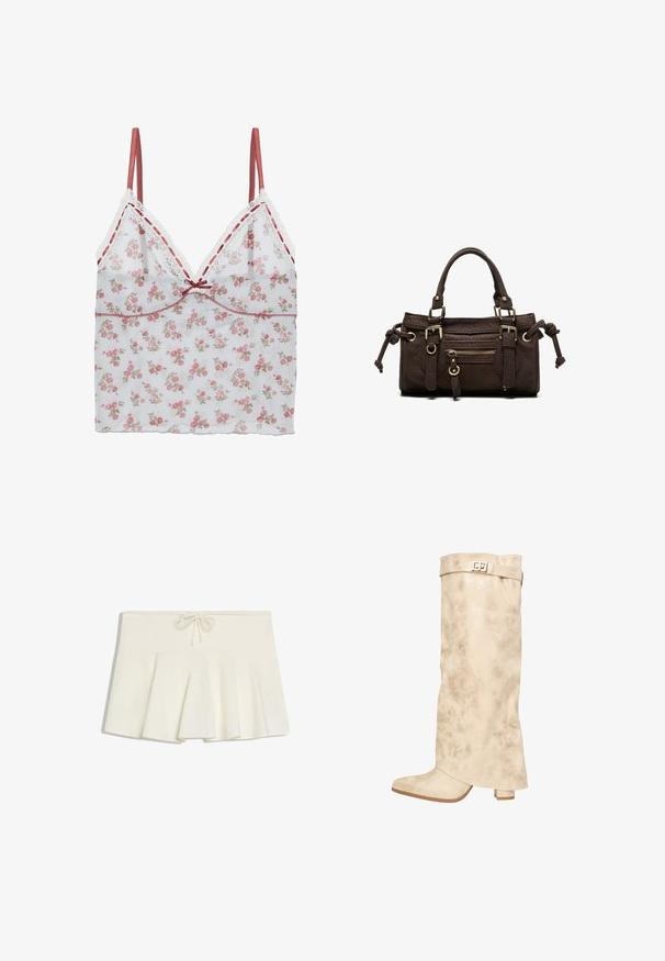 Blomstrende camisole med en gennemsigtig hvid stof og pink og beige blomsterprint, delikat blondekant og justerbare satin-stropper.; Hvid plisseret mininederdel med snoretræk i taljen og blødt, struktureret stof, lagt fladt på hvid baggrund.; Knæhøj creme syntetisk læderstøvle med en subtil glans, tekstureret overflade, blokhæl og en rem med en metallisk spænde øverst.; Mørkebrun læderhåndtaske med dobbelte håndtag, forreste lynlåslomme, dekorative spænder og sideknuder på hvid baggrund.