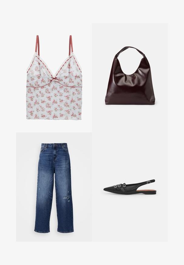 Blomstrende camisole med en gennemsigtig hvid stof og pink og beige blomsterprint, delikat blondekant og justerbare satin-stropper.; Bredde blå denim jeans med et slidt design, der har flosset kant og falmede sektioner, som giver en afslappet pasform og klassisk look.; Sort læderslyngeflad sko med spids tå, der har to vandrette stropper og firkantede sølvspænder, lav hæl og glat tekstur.; Bordeaux, skinnende vegansk læder tote taske med en blød, skulpturel form og et bredt, buet håndtag for nem bæring.