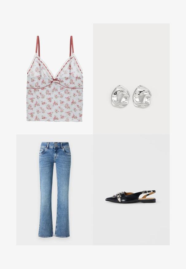 Camiseta floral con tejido blanco translúcido y estampado de flores en tonos rosas y beige, con un delicado borde de encaje y tirantes de satén ajustables.; Jeans de mezclilla azul de campana con cintura alta, cierre de doble botón, cinco bolsillos y detalles cosidos en las costuras.; Zapato slingback de cuero negro con punta afilada, adornado con herrajes de plata y detalles de hojas. Suela plana con acentos de interior a rayas.; Pendientes de studs en forma abstracta de plata con un acabado pulido, que presentan curvas suaves y contornos sutiles. Sin patrones o acentos visibles.