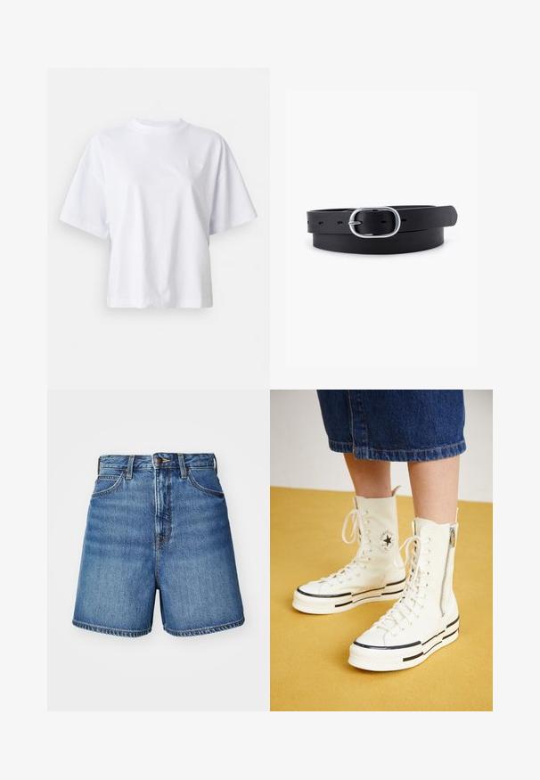 T-shirt en coton blanc avec une coupe décontractée, des manches courtes et un col rond côtelé. Présente un branding subtil sur la poitrine.; Shorts en denim de couleur bleu clair avec une coupe classique, présentant des poches avant, un zip et des détails de couture au niveau de l'ourlet.; Baskets montantes blanches avec une fermeture éclair, un design à lacets et des accents de rayures noires sur une semelle épaisse. Matériau en toile texturée.; Ceinture en cuir noir au toucher lisse, boucle en métal argenté de forme ovale et plusieurs trous d'ajustement le long de la sangle. Design plat et minimal.