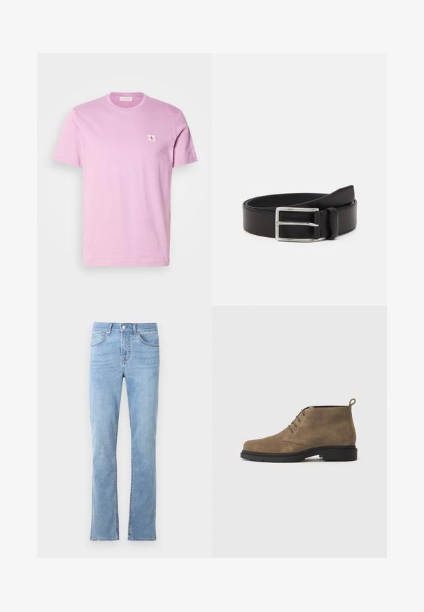 Lyserød bomulds t-shirt med rund halsudskæring, korte ærmer og et lille hvidt Calvin Klein-logo på venstre bryst.; Lysblå, lige ben jeans lavet af bomuldsdenim. Har fem lommer, lukning med knap foran og subtile syninger.; Brune ruskinds ankelstøvle med en rund tå, fire øjer til snørebånd og en sort gummisål. Har en pull tab bagpå.; Læderbælte i mørkebrunt med en glat tekstur, prydet med en rektangulær sølvspænde og et elegant design.
