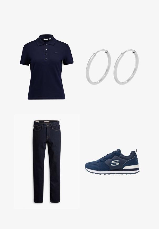 Navyblauwe polo shirt van gestructureerde katoen. Heeft een kraag, een drievoudige knoopsluiting en een geborduurd logo op de borst.; Donkerblauwe rechte jeans met knoop- en ritsluiting, voor- en achterzakken en contraststiksels.; Marineblauwe sportschoen van suede en mesh materialen, met een opvallend zilveren logo, gestructureerde bovenkant en een witte tussenzool.; Zilveren hoepeloorbellen, cirkelvormig, met een gladde glanzende textuur en een constante breedte. Minimalistisch ontwerp zonder extra accenten.