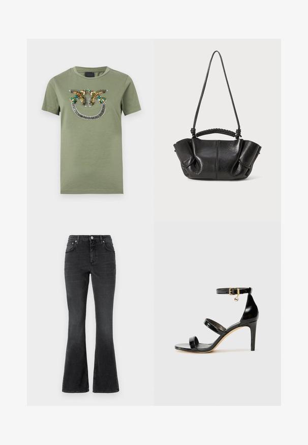 Olivengrøn t-shirt med korte ærmer og et perlebesat motiv af to farverige fugle, der vender mod hinanden over en buet streg.; CLOSED JOVANNA - Jeans Slim Fit - dark grey; Sorte patenterede lædersandaler med tre stropper, ankelspænde og 10 cm stiletthæl. Har detaljer i guld og et logo charms.; Sort lædertaske med en struktureret overflade, bløde folder, dobbelte stropper og vævet detalje på håndtaget. Kompakt, med en åben-top design.