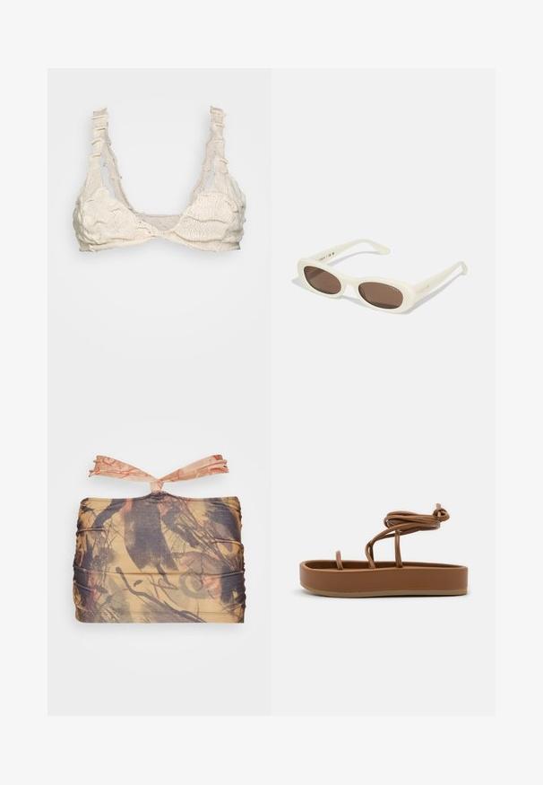 BLOKE FULL FASHIONED - Μπλούζα - off white; Jaded London KNOTTED BEACH SKIRT CONTRAST - Μίνι φούστα - multi coloured; Ilio Smeraldo PRITIKA - Σανδάλια - cinnamon; Γυαλιά ηλίου σε κρέμα απόχρωση με οβάλ φακούς, καφέ σκίαση, με γυαλιστερή φινίρισμα και διακριτικό λογότυπο "Vogue" στο πλάι.