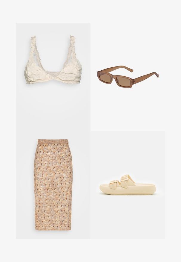 BLOKE FULL FASHIONED - Top - off white; The Ragged Priest RUINS SKIRT - Pencil skirt - multi; Beige slip-on sandal med tekstureret overdel, justerbare spænder og en tyk, polstret sål. Letvægtsdesign velegnet til afslappet brug.; Brune, rektangulære solbriller med en gennemsigtig ramme, slanke tempelstænger og tonede linser, der har en glat tekstur og et moderne design.