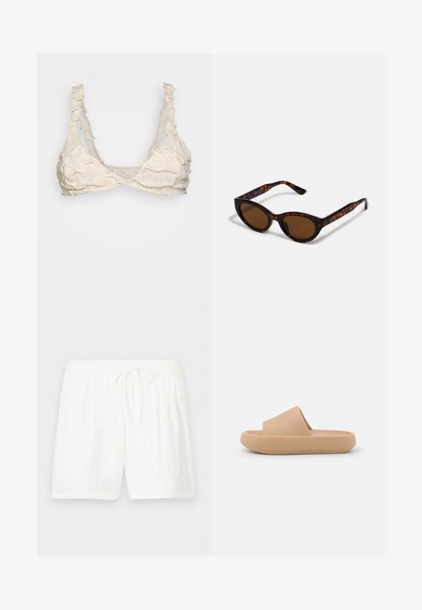 BLOKE FULL FASHIONED - Débardeur - off white; Shorts blancs en coton avec une taille élastique et un cordon de serrage. Présentent un motif texturé avec des rayures verticales et des poches latérales.; Sandale glissante beige avec une large sangle texturée et une semelle arrondie. Présente une finition lisse et un dessous cranté pour une meilleure adhérence.; Lunettes de soleil en écaille de tortue marron avec une forme vintage de lunettes cat-eye et des verres marron. Présente des branches courbées avec des accents rouges.